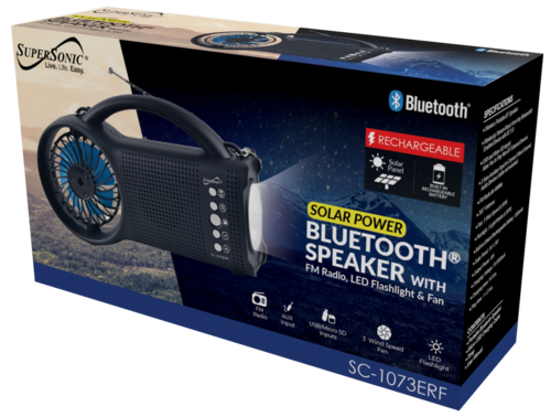 Coluna Bluetooth Solar com Rádio FM, Luz LED e Ventoinha