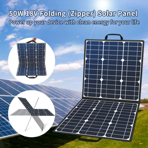 Painel Solar Dobrável Portátil 50W 18V — Campismo e Viagens